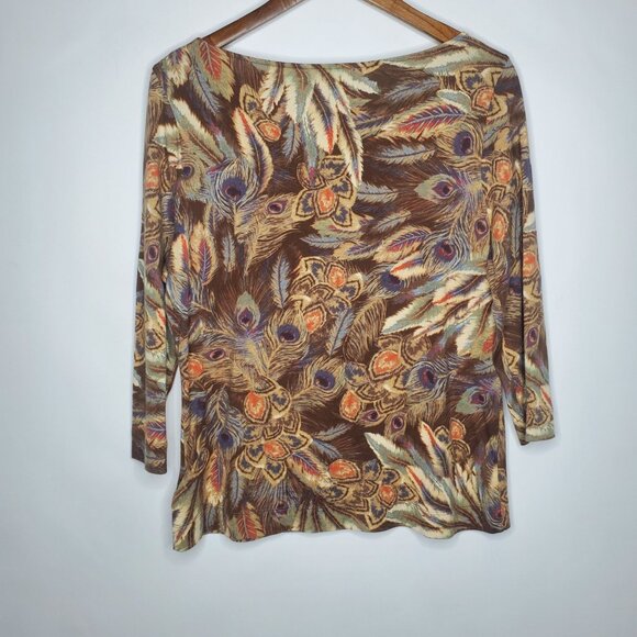 Ralph Lauren Womens Multicolor Peacock Feather Boatneck Top Size L 3/4 Sleeve - Picture 2 of 8